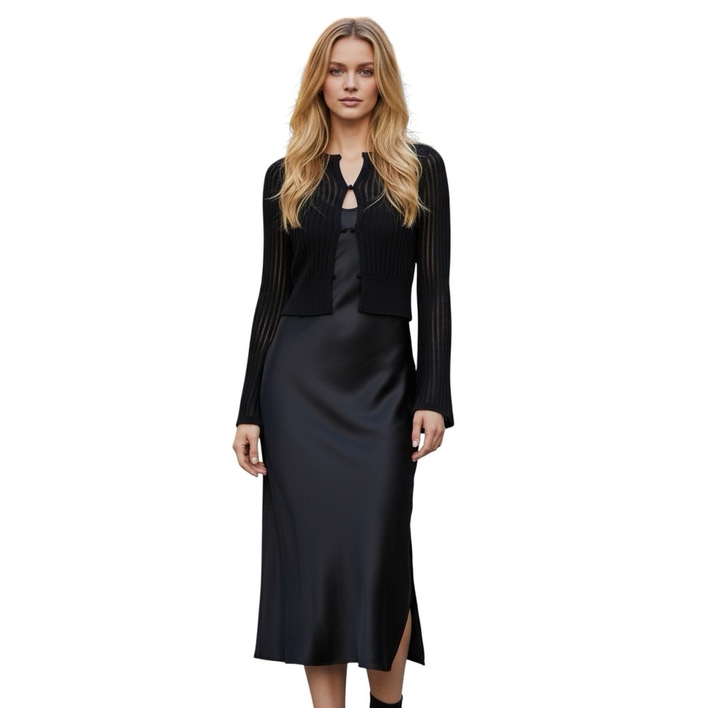 dh New York Fay Two-Piece Set Black Slip Dress Cardigan Set S Holiday Gift Ready